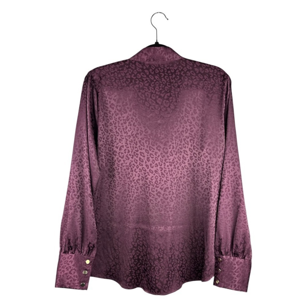 Investments Purple Animal Print Tie Neck Blouse L Satin Button Down Long Sleeve - Picture 8 of 8